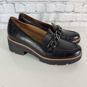 Naturalizer Black Chunky Heel Loafers with Chain Accent